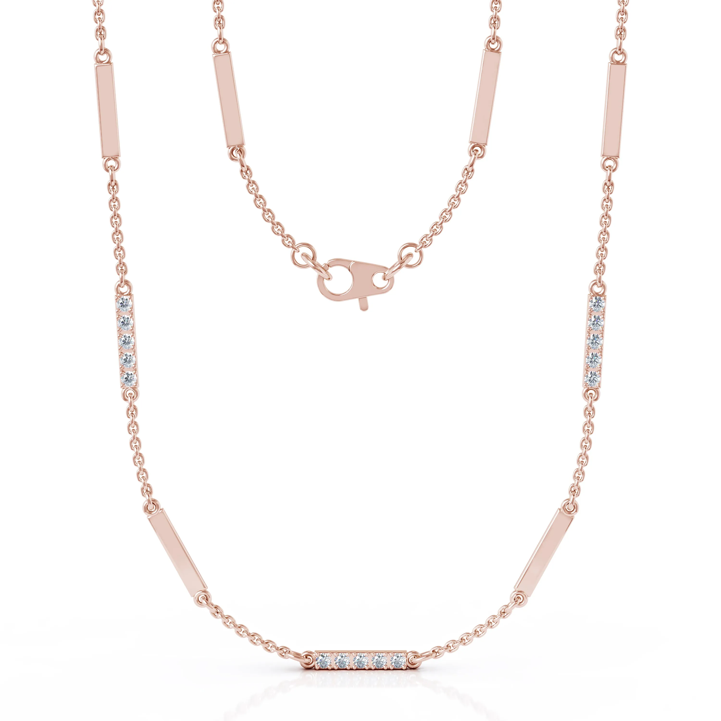 0.55Ct Diamond & Gold Bar Chain Station Necklace, 26" in 14K Gold