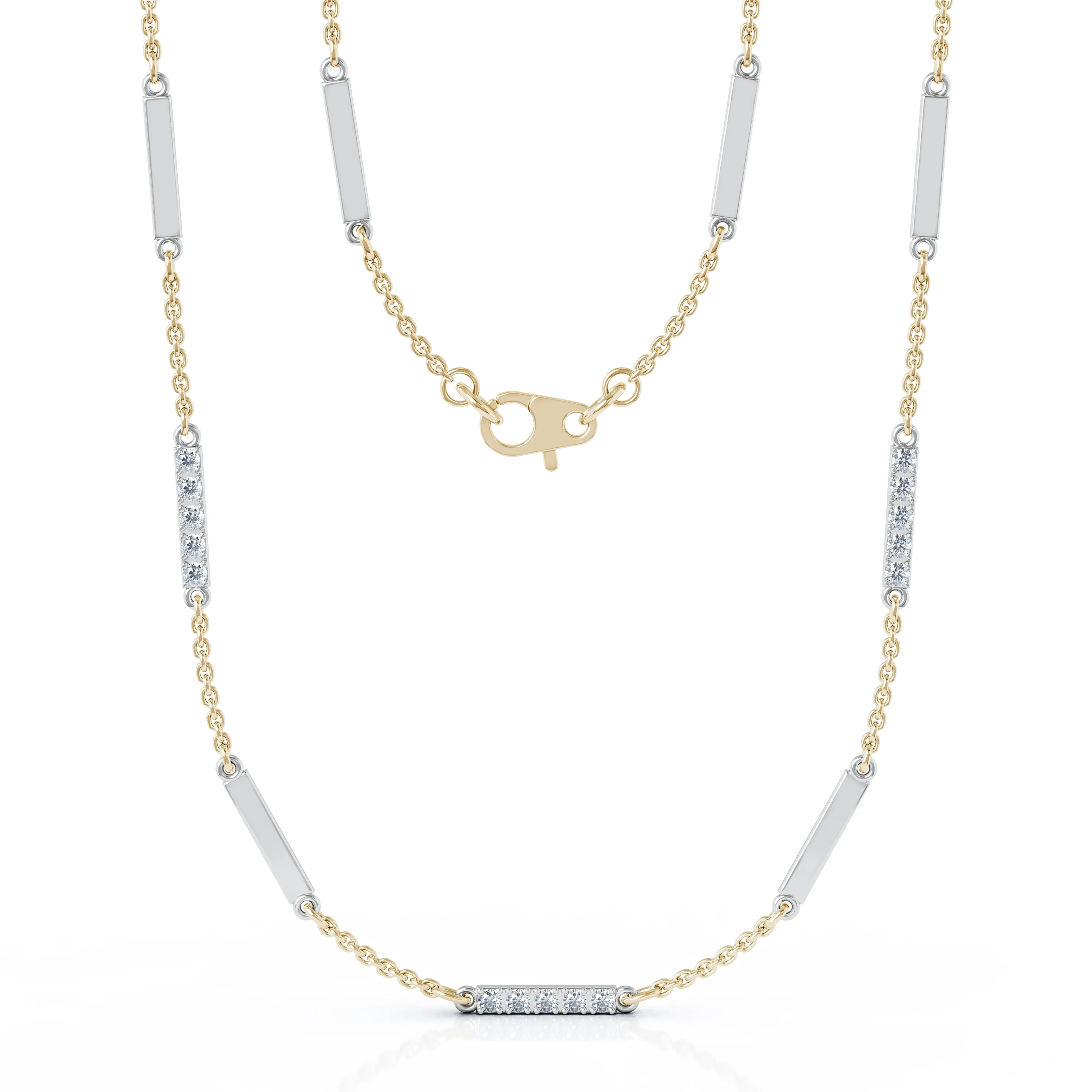 0.55Ct Diamond & Gold Bar Chain Station Necklace, 26" in 14K Gold
