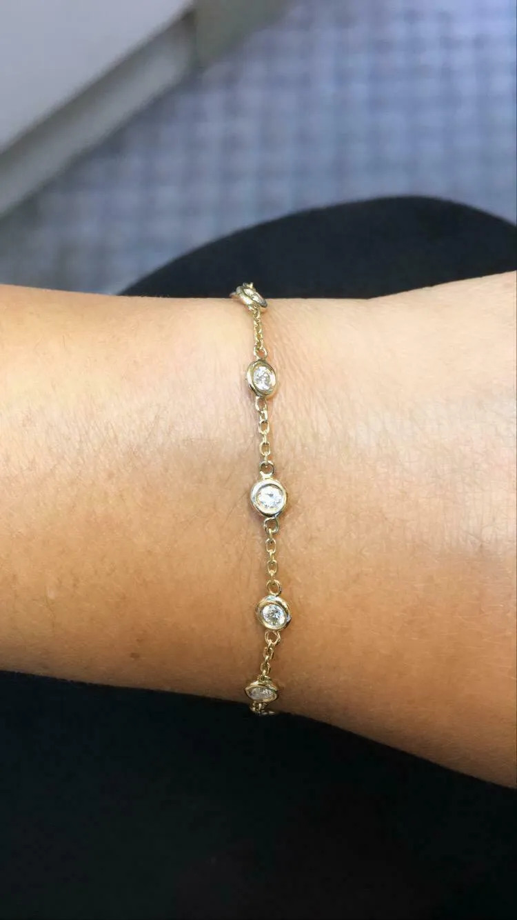 1.00 Carat Natural Diamond Bezel Bracelet G SI 14K White Gold 14 stones 7 ''