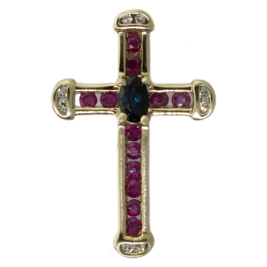 10K Yellow Gold Cross Pendant w/ Sapphire, Rubies & Diamonds 1.2 DWT Vintage