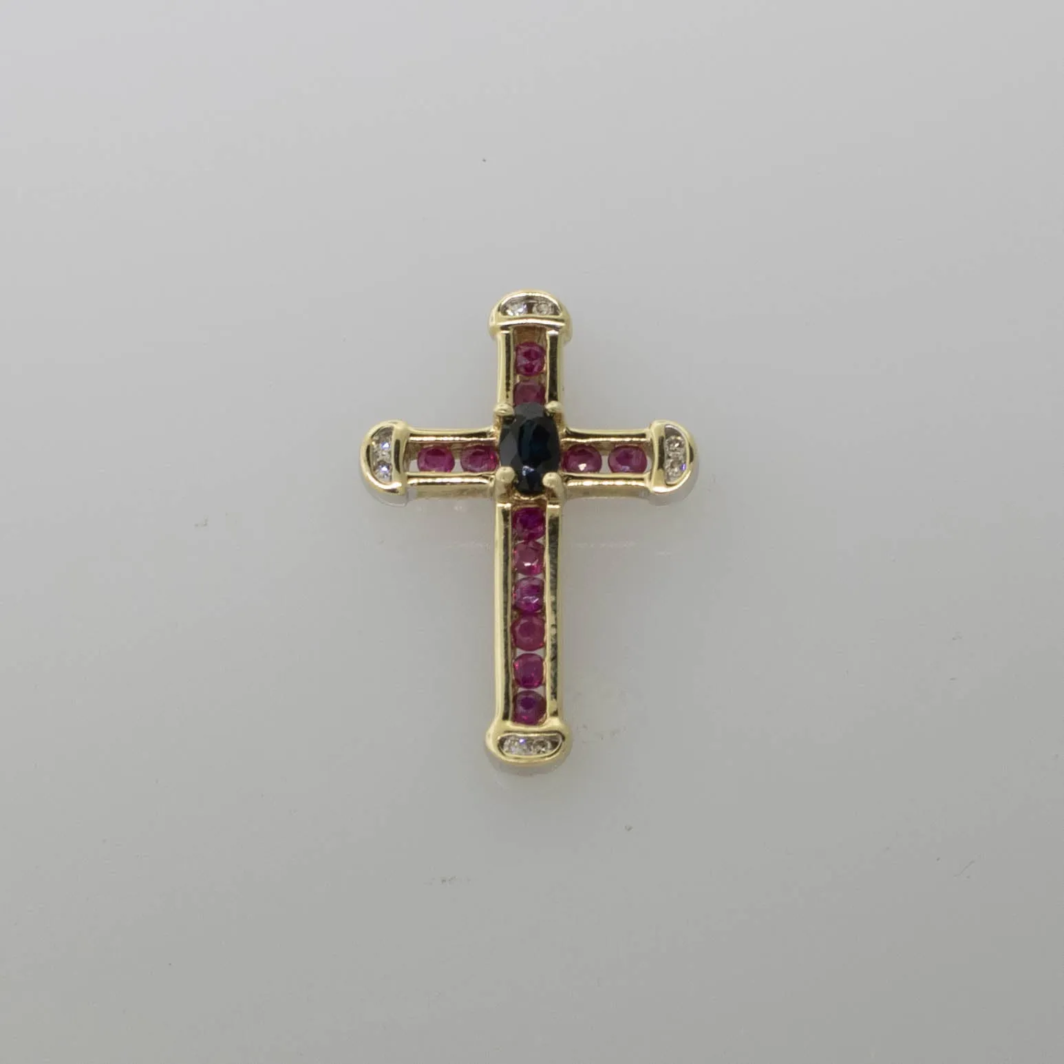 10K Yellow Gold Cross Pendant w/ Sapphire, Rubies & Diamonds 1.2 DWT Vintage