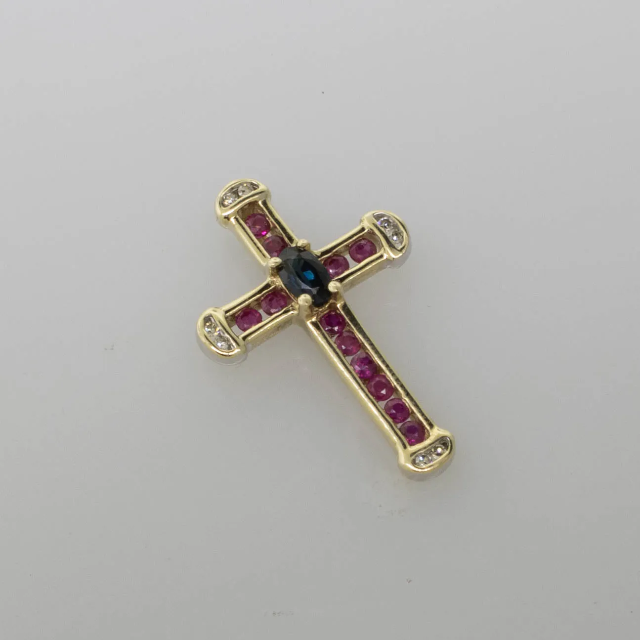 10K Yellow Gold Cross Pendant w/ Sapphire, Rubies & Diamonds 1.2 DWT Vintage