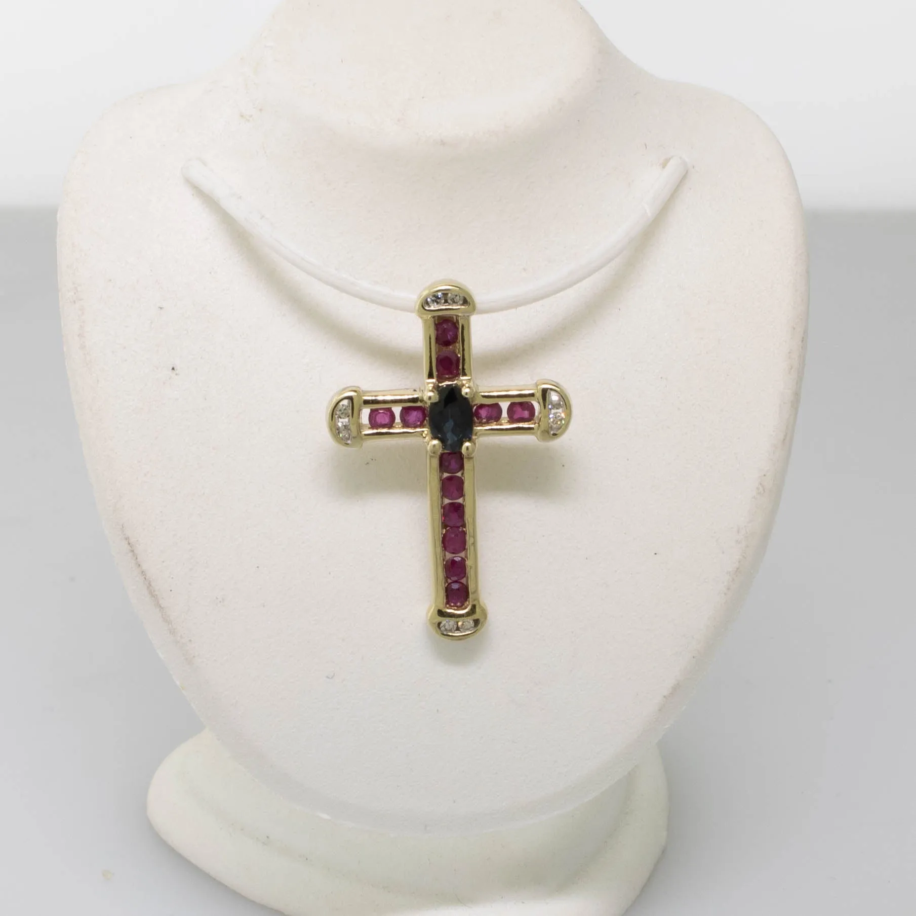 10K Yellow Gold Cross Pendant w/ Sapphire, Rubies & Diamonds 1.2 DWT Vintage