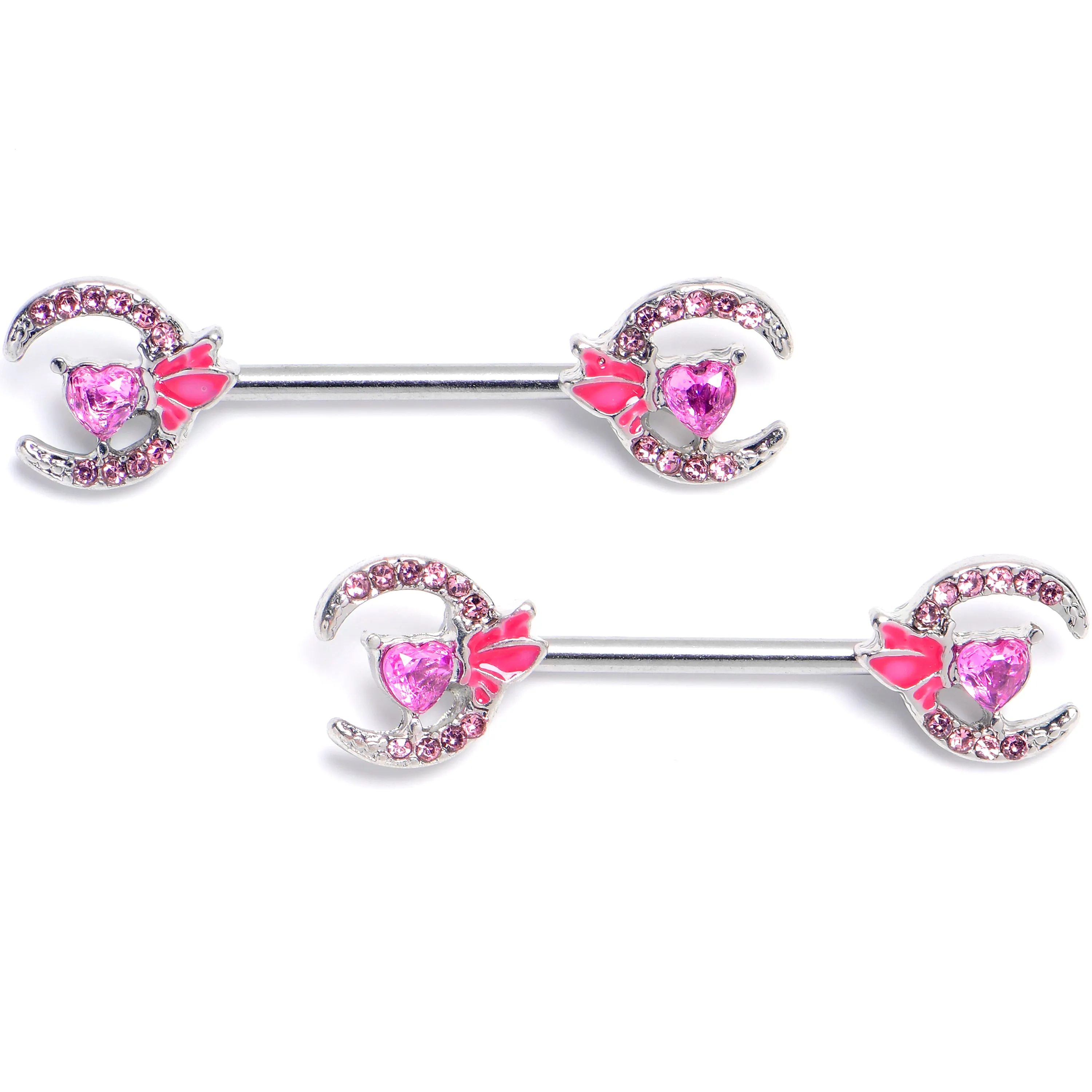 14 Gauge 9/16 Pink Gem Butterfly Heart Moon Barbell Nipple Ring Set