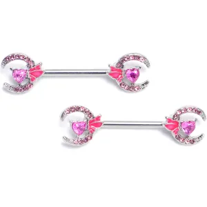 14 Gauge 9/16 Pink Gem Butterfly Heart Moon Barbell Nipple Ring Set