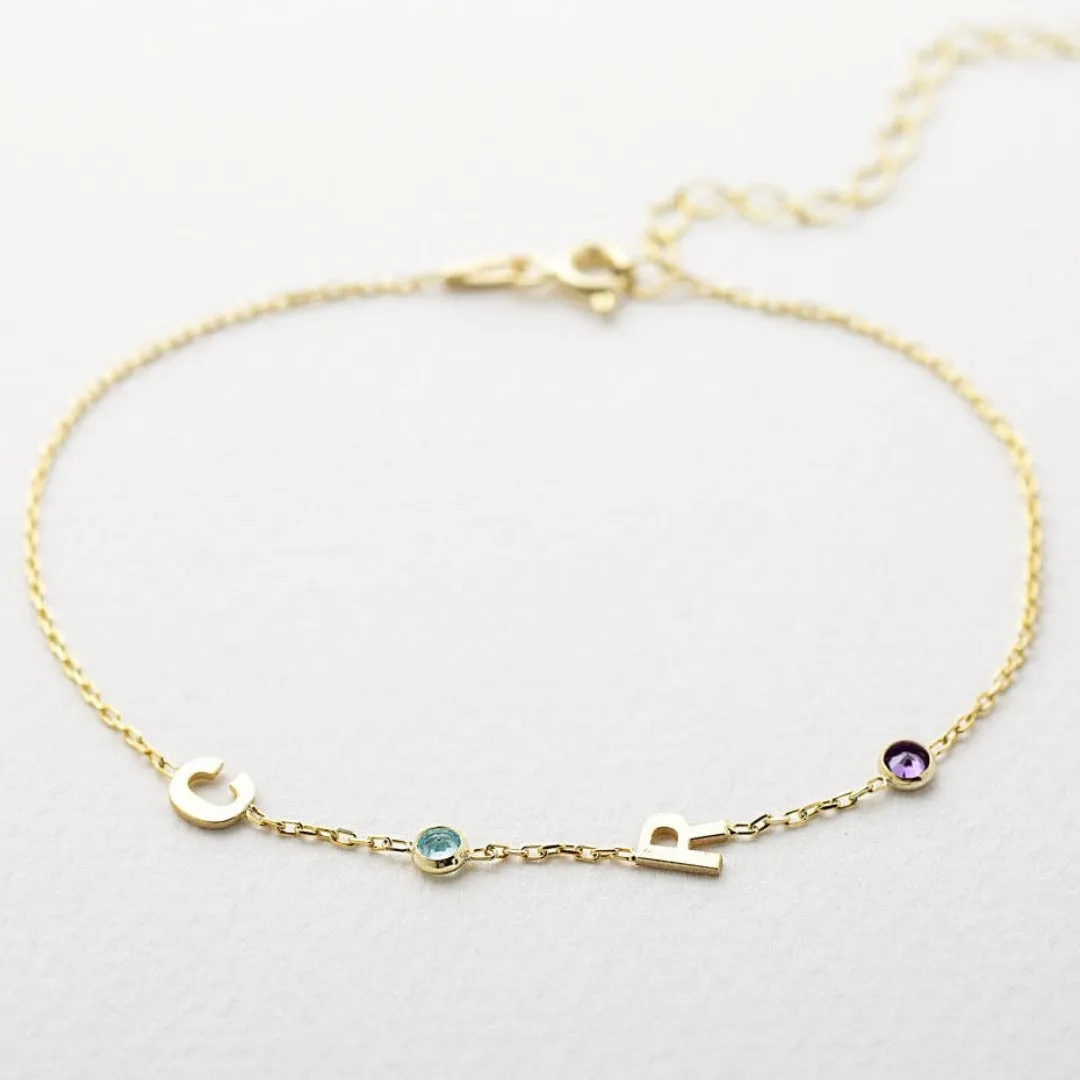 14K Solid Gold Birthstone Letter Bracelet