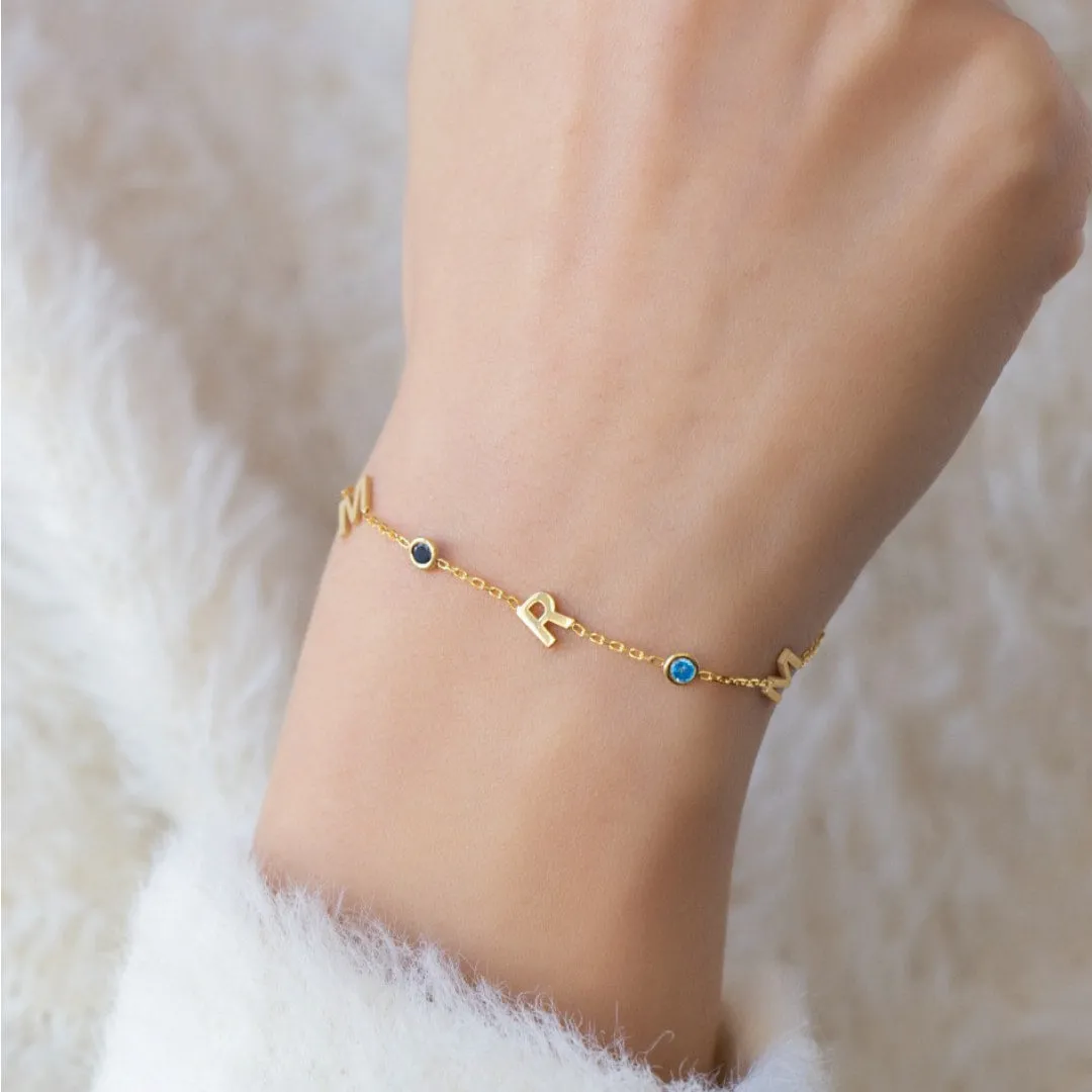 14K Solid Gold Birthstone Letter Bracelet