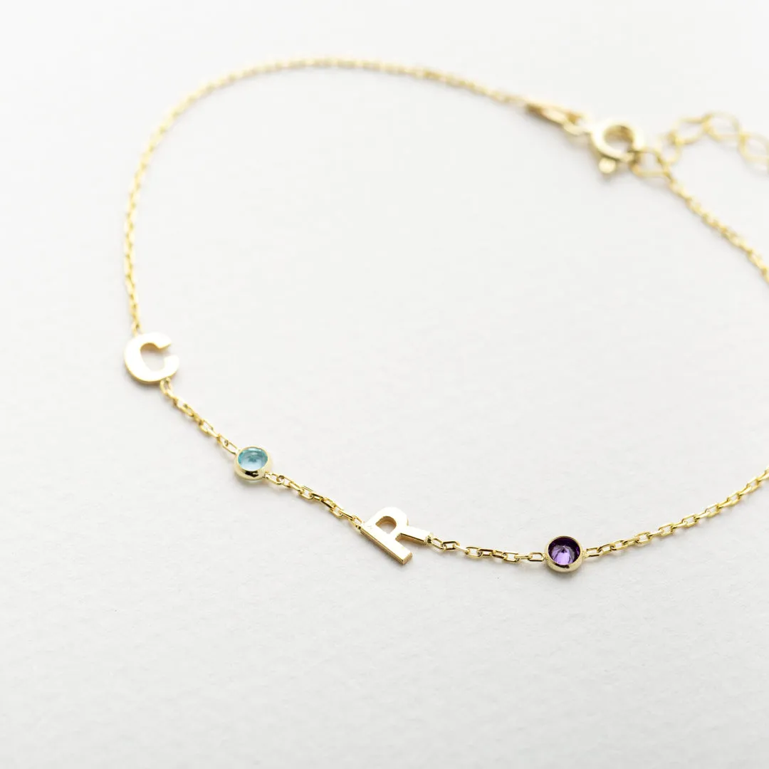 14K Solid Gold Birthstone Letter Bracelet
