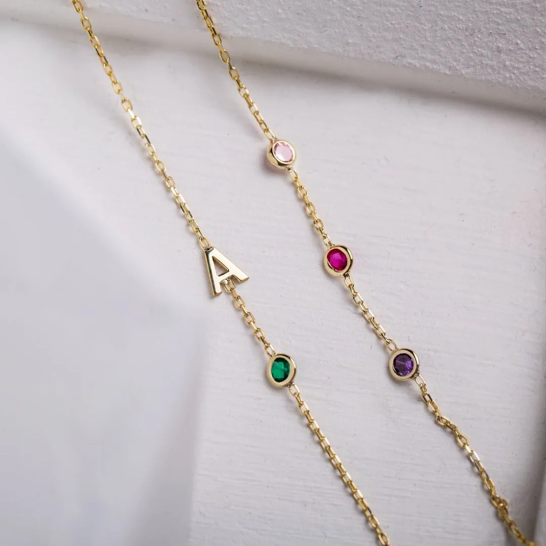 14K Solid Gold Birthstone Letter Bracelet