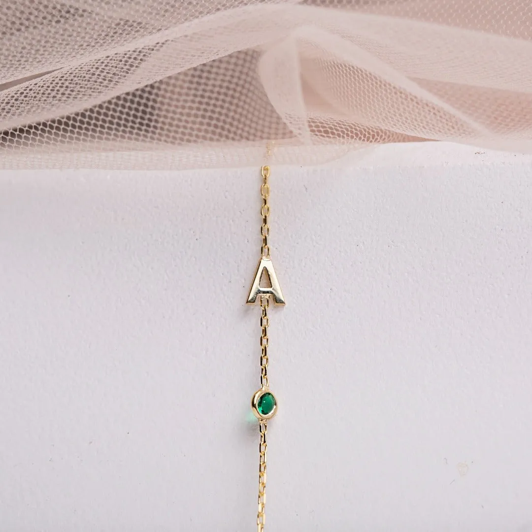 14K Solid Gold Birthstone Letter Bracelet