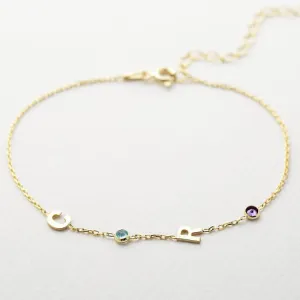14K Solid Gold Birthstone Letter Bracelet