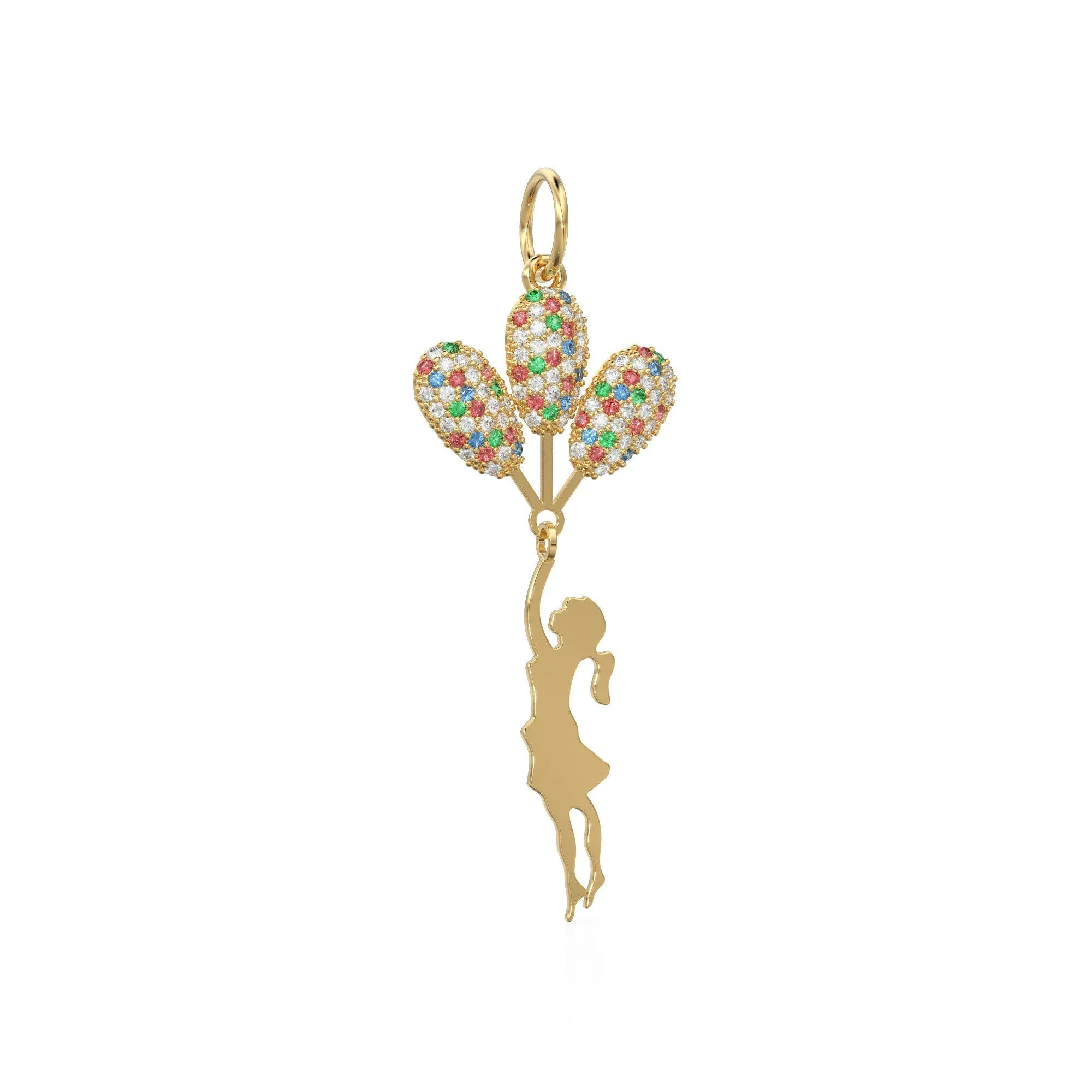 14k Solid Gold Girl Holding Flying Balloons Necklace / Gold Flying Girl Four Colorful Balloons Necklace / Diamond Ruby Emerald Sapphire