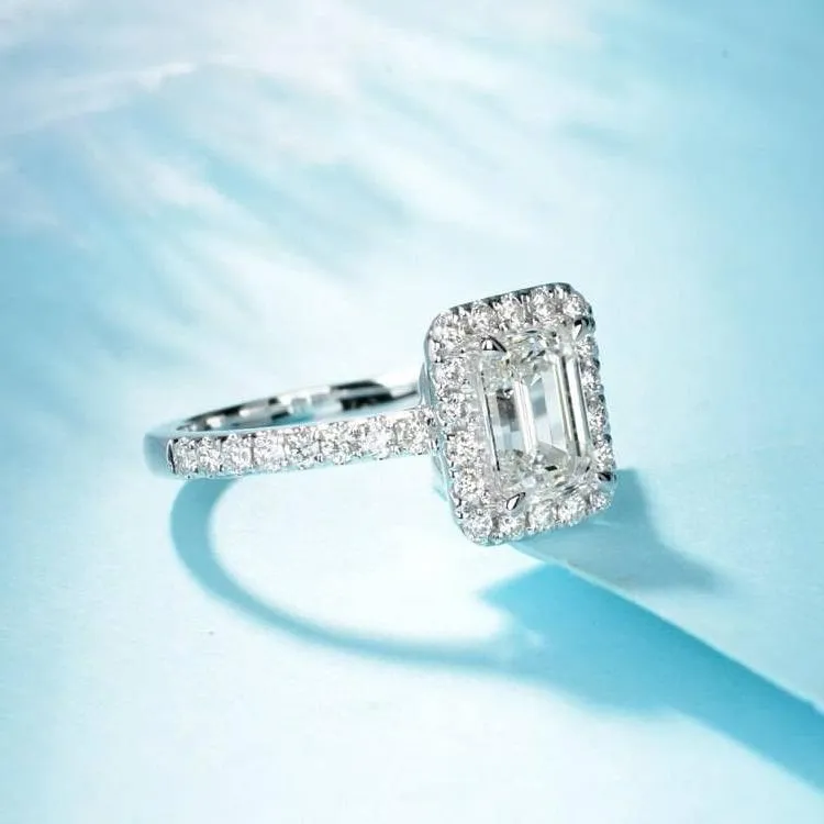 14k White Gold 1.0 Ct Emerald Cut Diamond Halo Engagement Ring