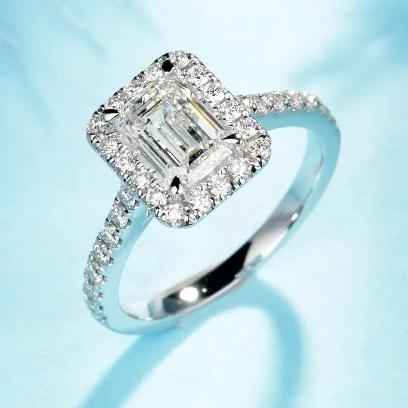 14k White Gold 1.0 Ct Emerald Cut Diamond Halo Engagement Ring