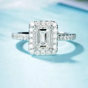 14k White Gold 1.0 Ct Emerald Cut Diamond Halo Engagement Ring