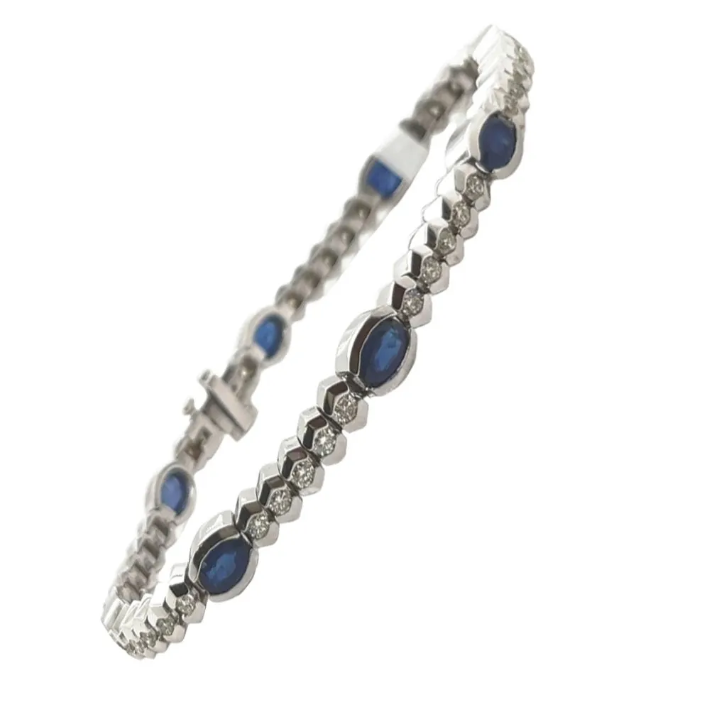 14k White Gold Blue 6mm Sapphire Oval Natural Diamond 7" Bracelet - BR39-51093