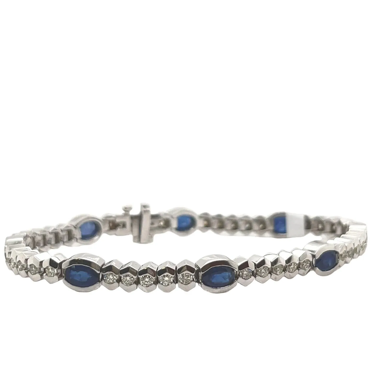 14k White Gold Blue 6mm Sapphire Oval Natural Diamond 7" Bracelet - BR39-51093
