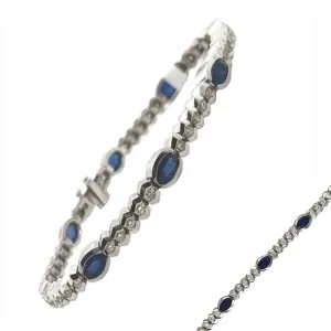 14k White Gold Blue 6mm Sapphire Oval Natural Diamond 7" Bracelet - BR39-51093
