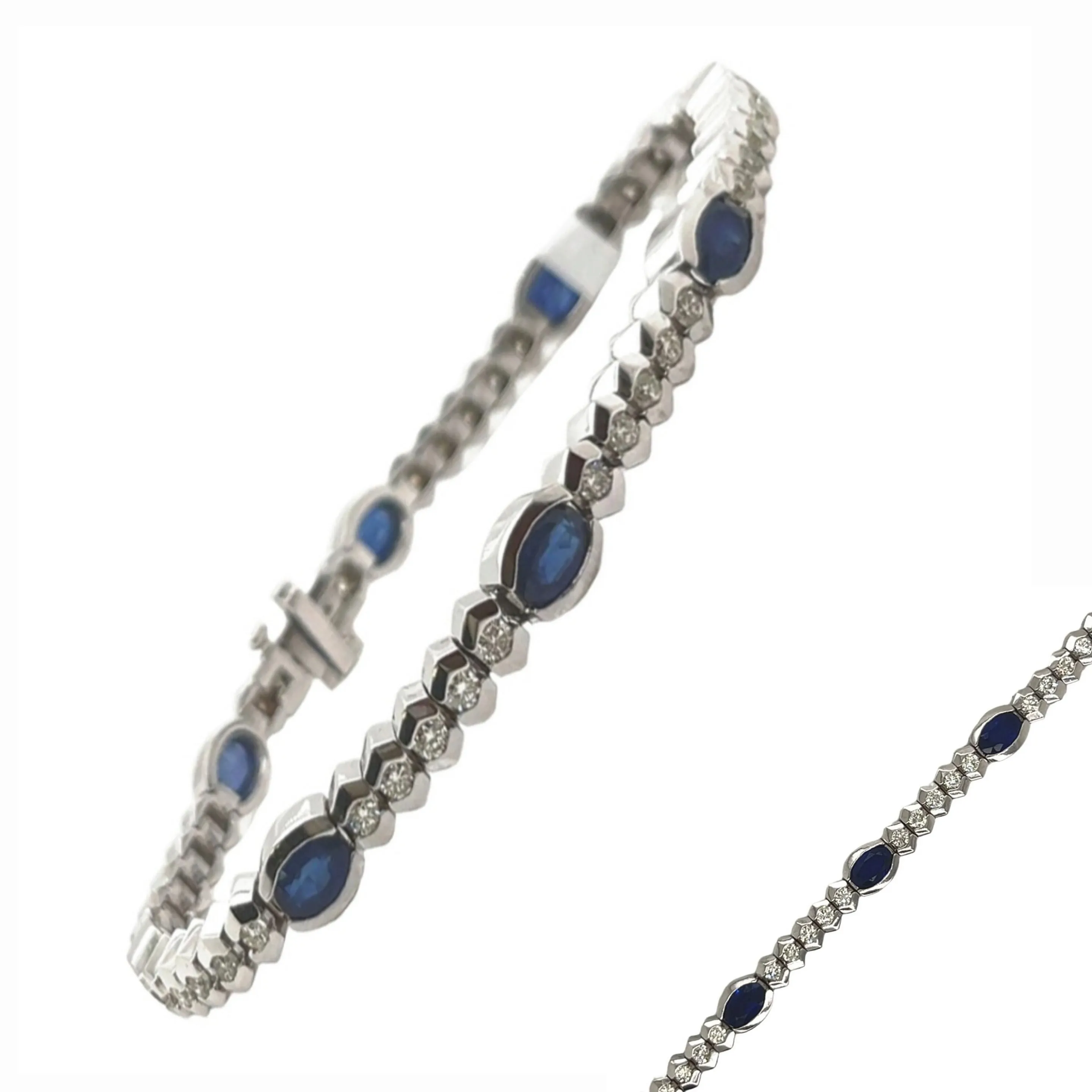 14k White Gold Blue 6mm Sapphire Oval Natural Diamond 7" Bracelet - BR39-51093