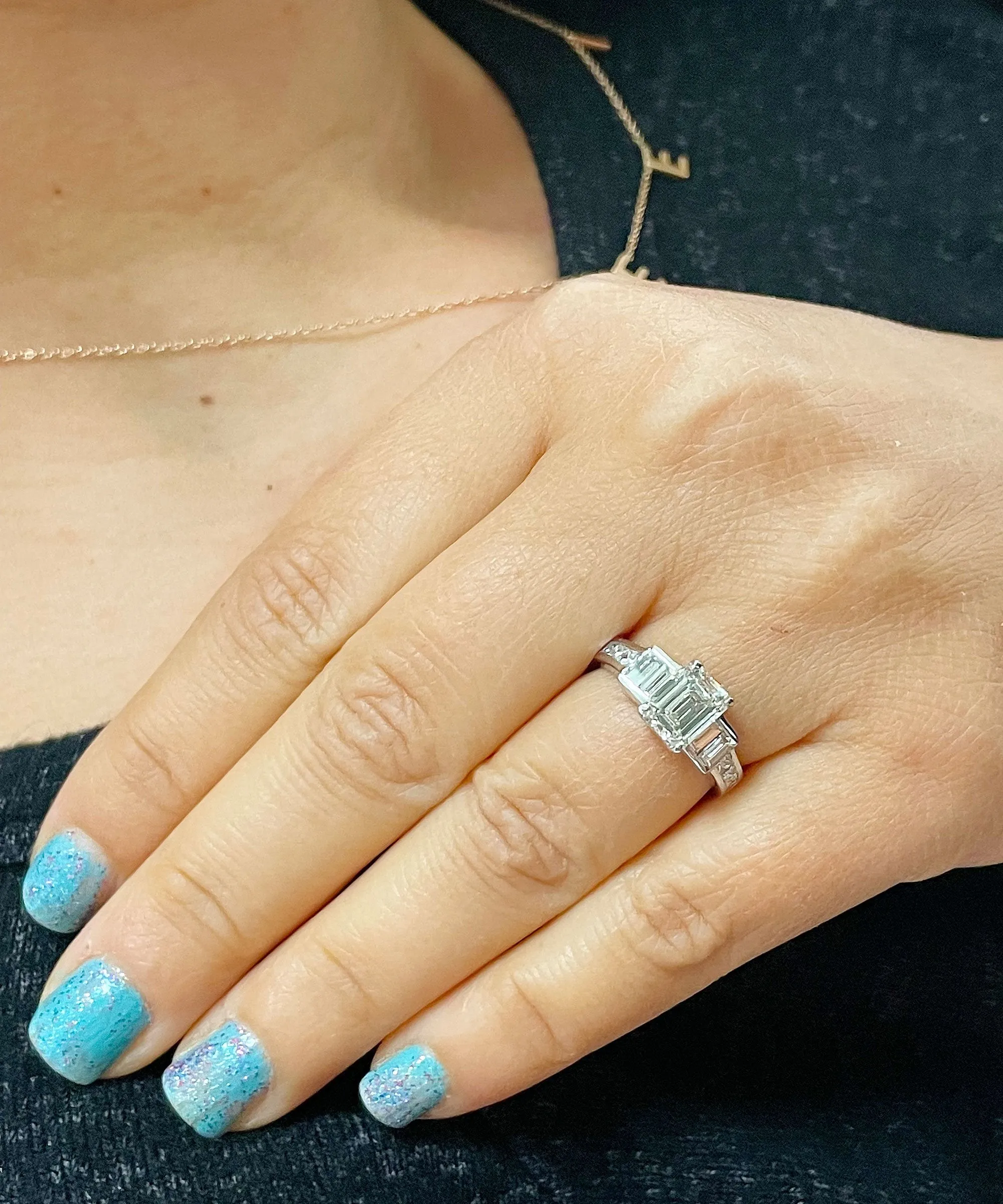 14k White Gold Emerald Cut Forever One Moissanite And Princess And Baguettes Natural Diamond Engagement Ring 2.75ctw