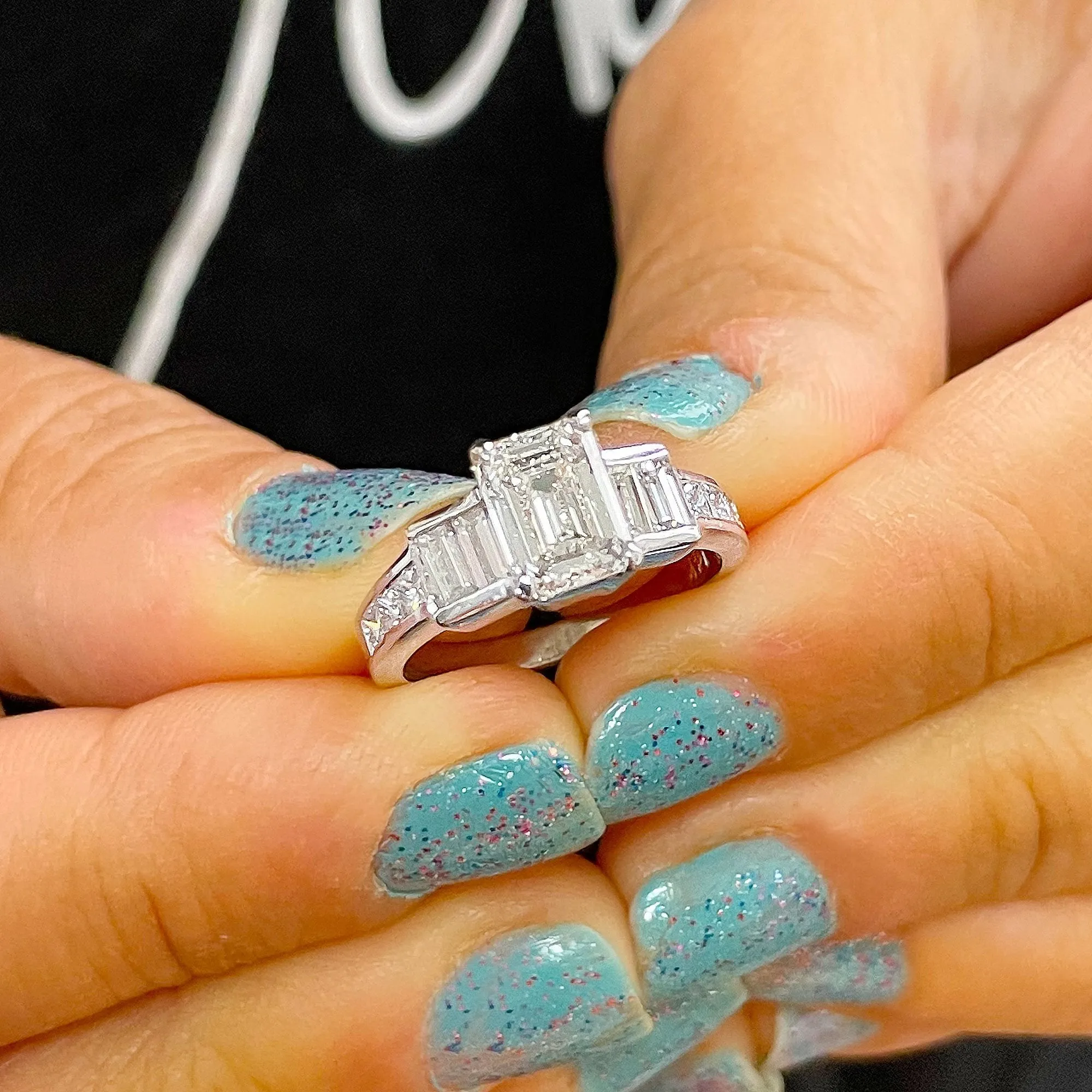 14k White Gold Emerald Cut Forever One Moissanite And Princess And Baguettes Natural Diamond Engagement Ring 2.75ctw