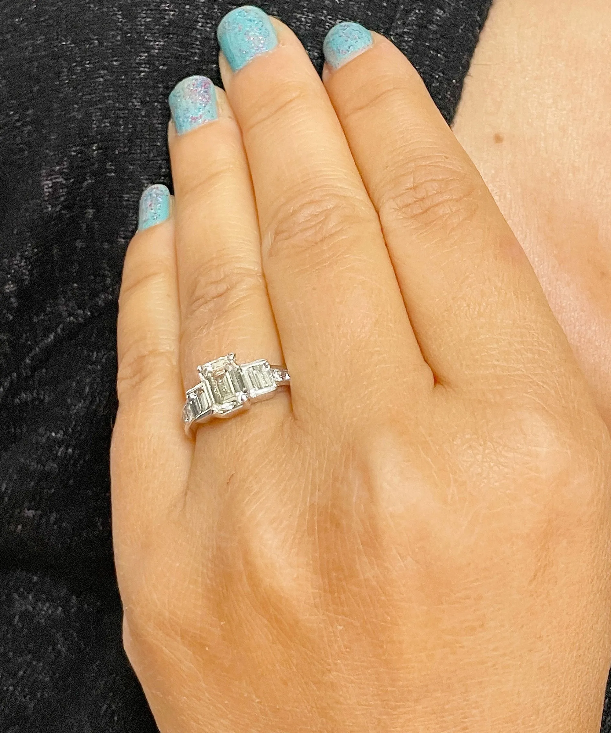 14k White Gold Emerald Cut Forever One Moissanite And Princess And Baguettes Natural Diamond Engagement Ring 2.75ctw