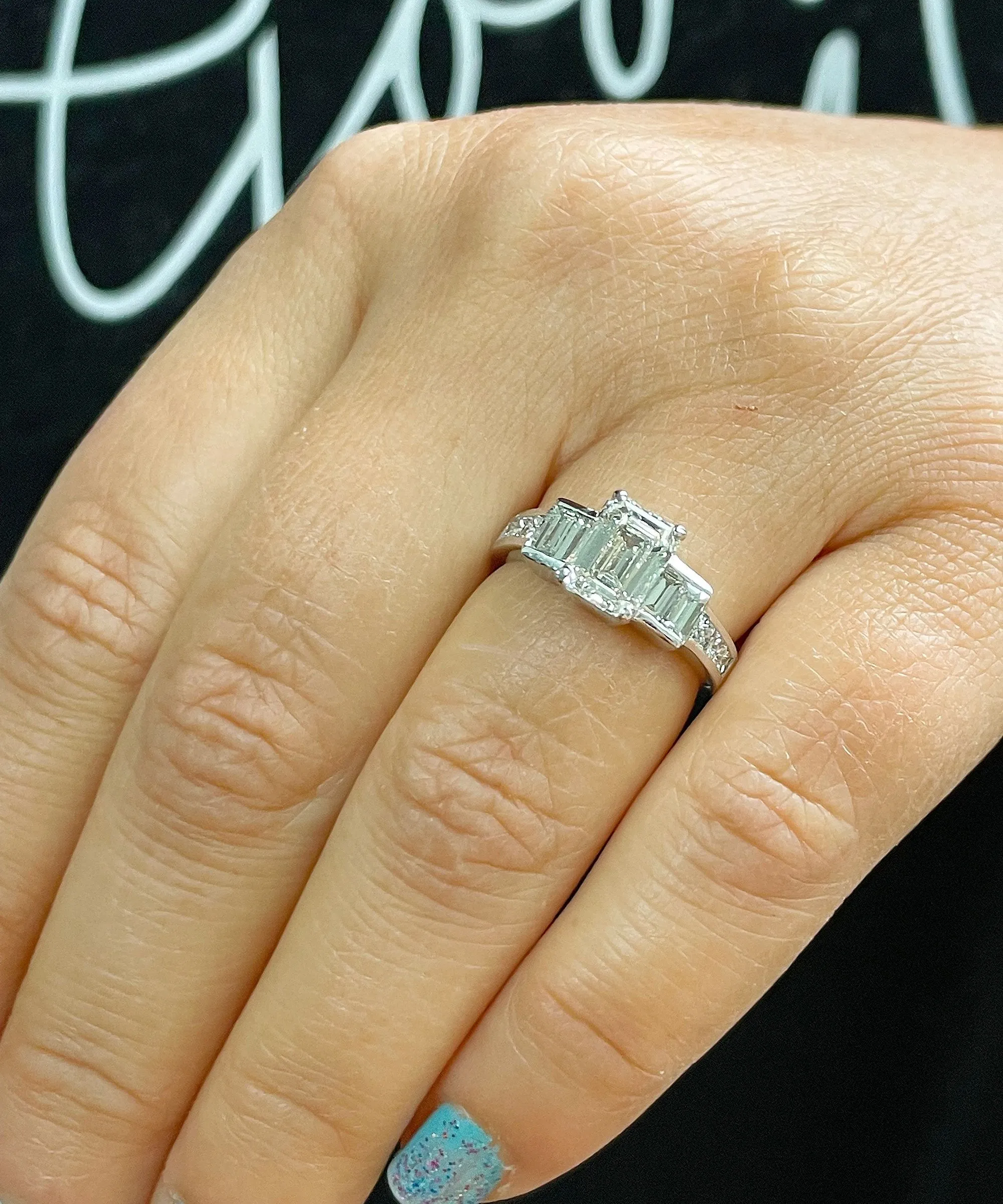 14k White Gold Emerald Cut Forever One Moissanite And Princess And Baguettes Natural Diamond Engagement Ring 2.75ctw