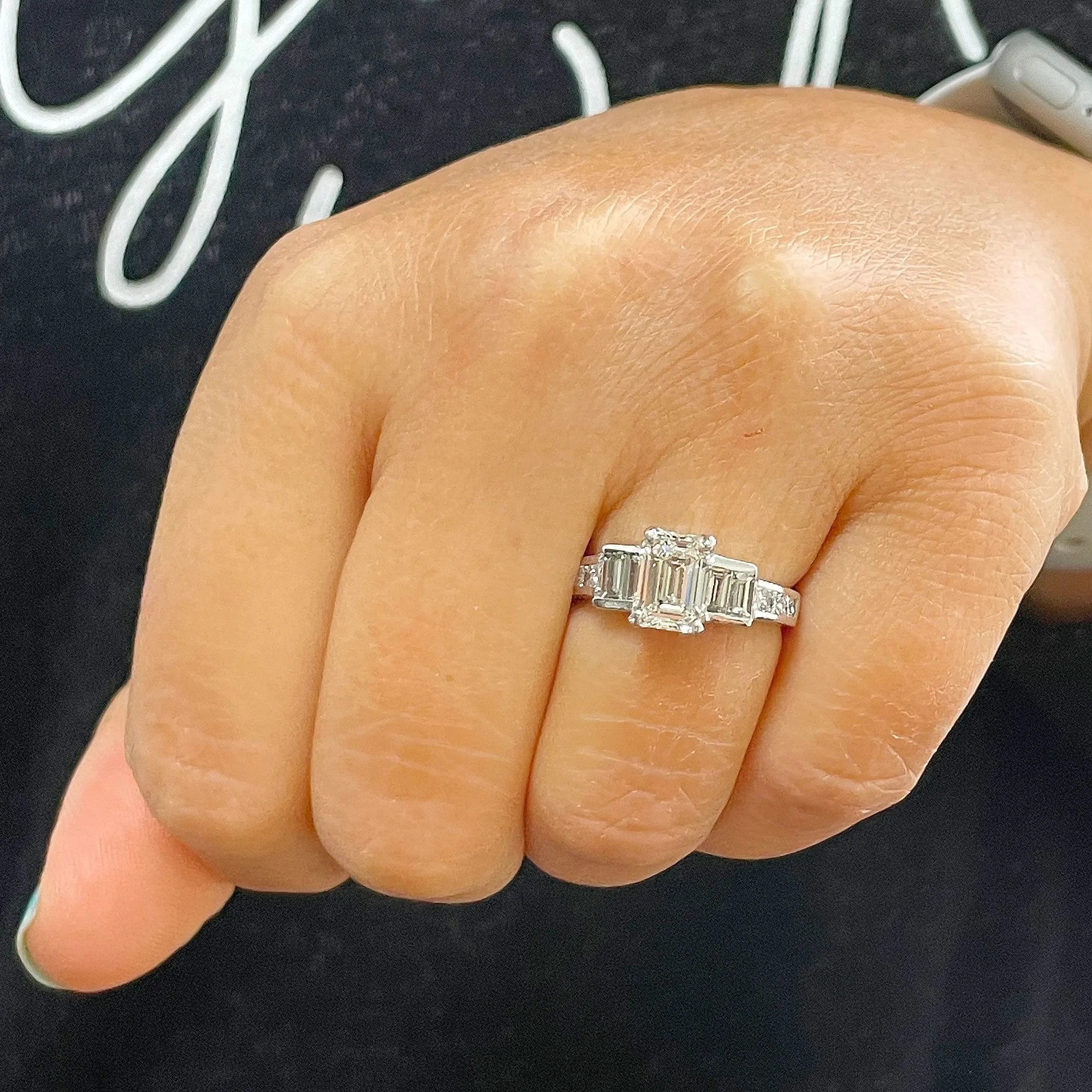 14k White Gold Emerald Cut Forever One Moissanite And Princess And Baguettes Natural Diamond Engagement Ring 2.75ctw