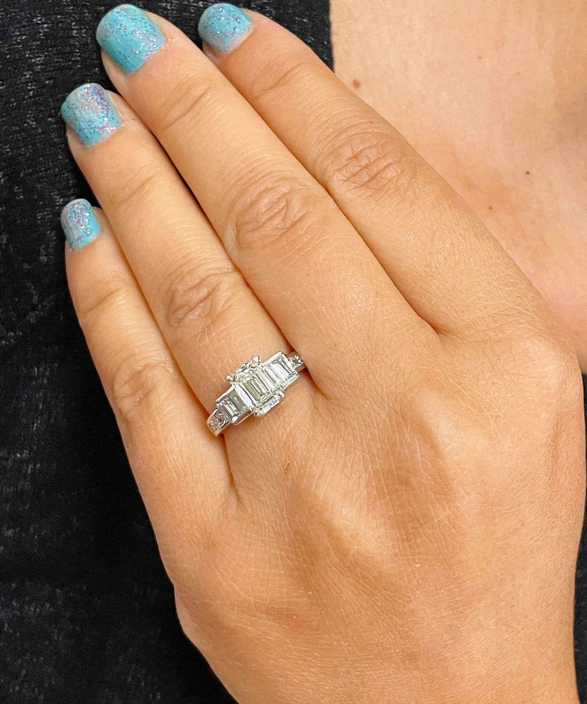 14k White Gold Emerald Cut Forever One Moissanite And Princess And Baguettes Natural Diamond Engagement Ring 2.75ctw
