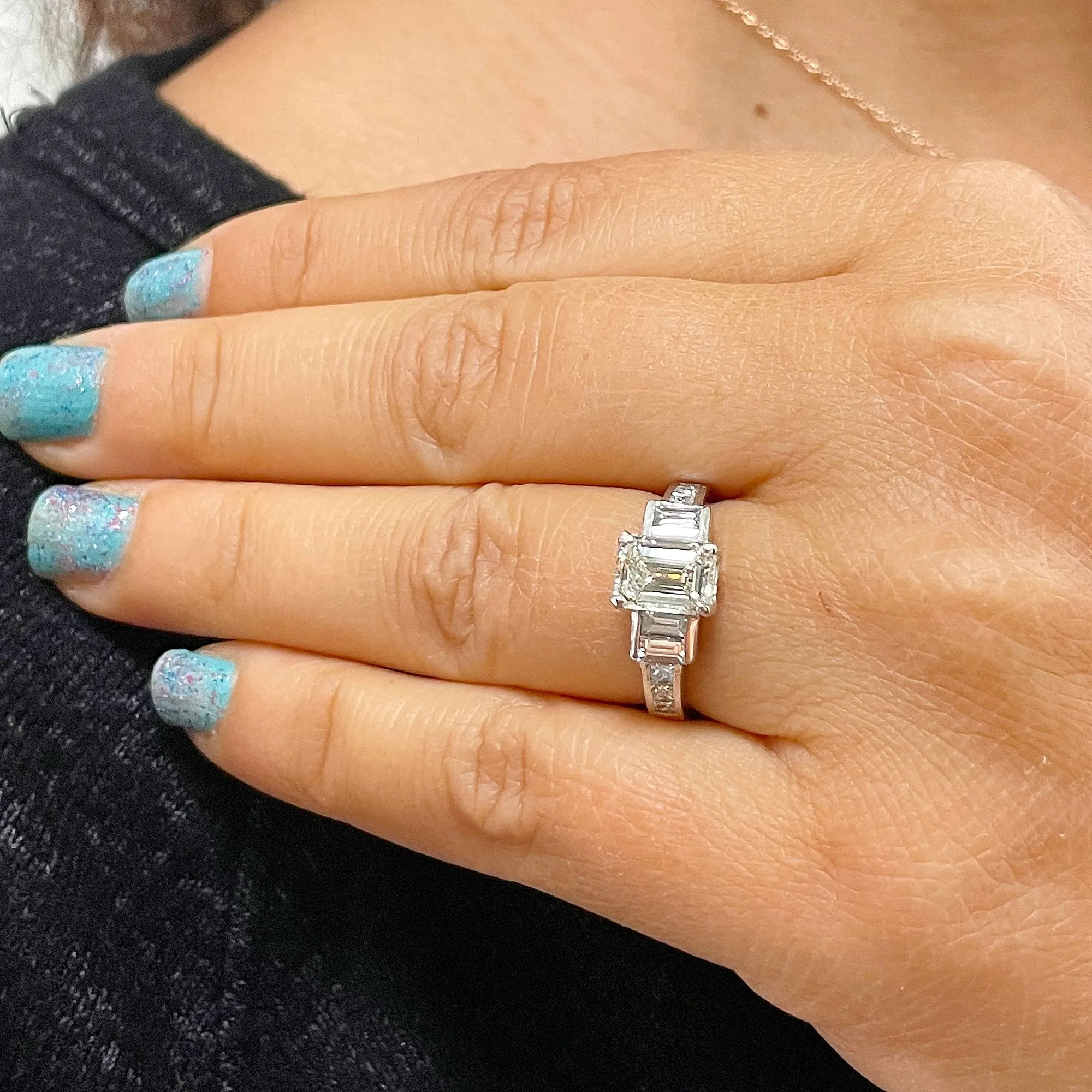 14k White Gold Emerald Cut Forever One Moissanite And Princess And Baguettes Natural Diamond Engagement Ring 2.75ctw