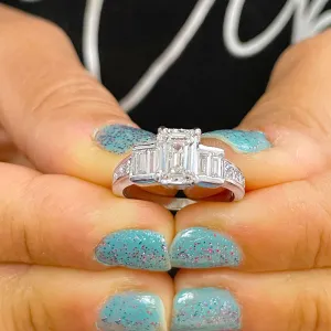 14k White Gold Emerald Cut Forever One Moissanite And Princess And Baguettes Natural Diamond Engagement Ring 2.75ctw