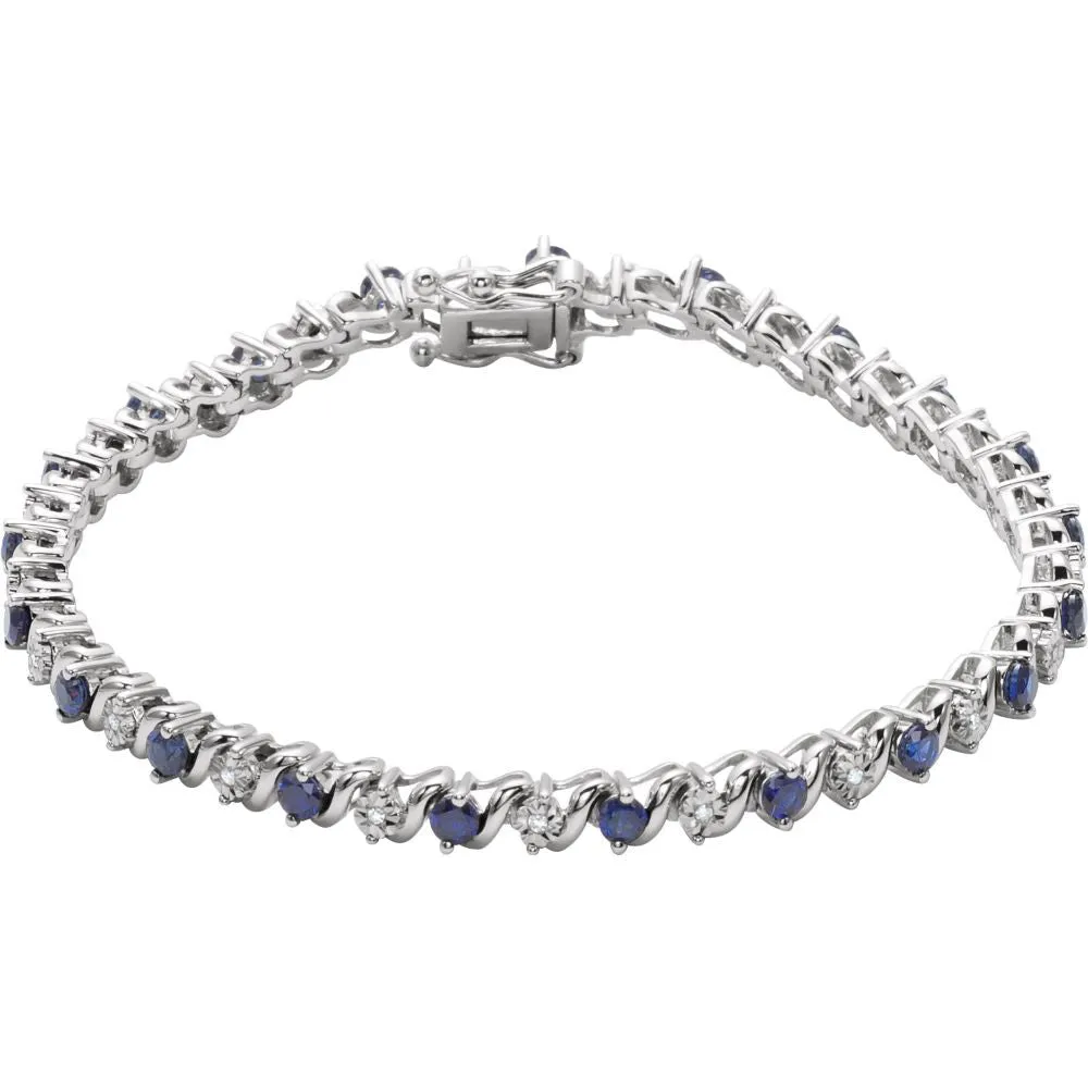 14k White Gold Lab-Grown Blue Sapphire & 1/10 CTW Diamond Line 7" Bracelet