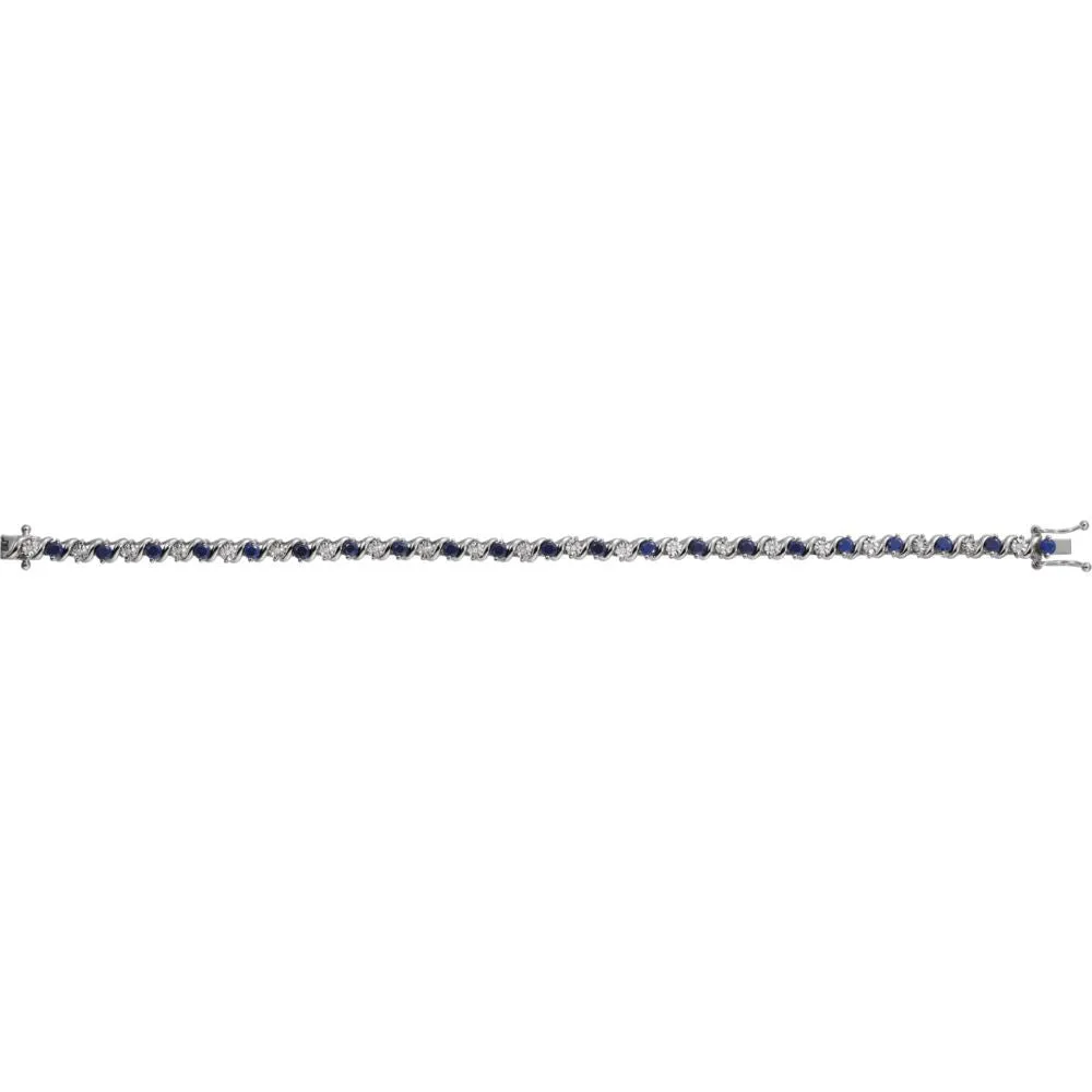14k White Gold Lab-Grown Blue Sapphire & 1/10 CTW Diamond Line 7" Bracelet