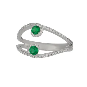 14k White Gold Open Split Shank Emerald and Diamond Swirl Ring Size 6.5, EM=0.20tw D=0.24tw