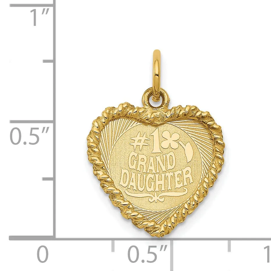 14k Yellow Gold Flat Back Textured Polished Finish Heart Shape #1 GRANDDAUGHTER Ridge Trim Disc Design Charm Pendant