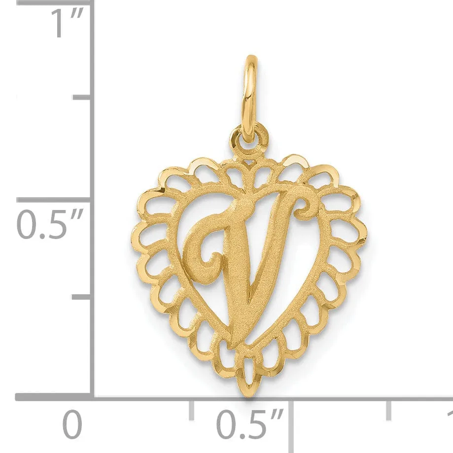14k Yellow Gold Heart Shape Script Design Letter V Charm Pendant