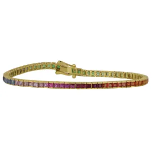 14k Yellow Gold Princess Cut Multi-Color Sapphire Channel Set Bracelet 7", SA=6.40tw