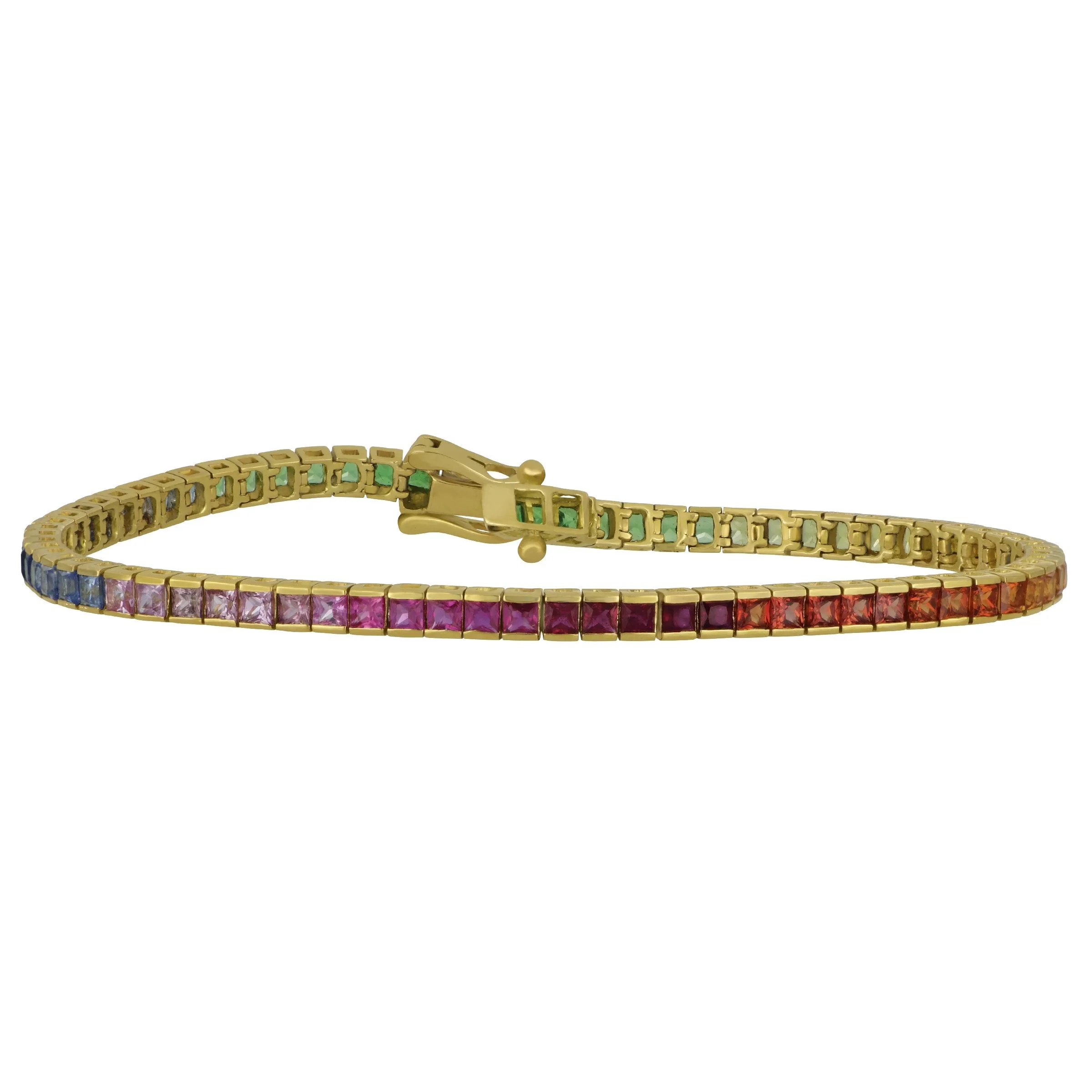 14k Yellow Gold Princess Cut Multi-Color Sapphire Channel Set Bracelet 7", SA=6.40tw