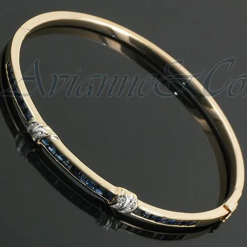 14K Yellow Solid Gold Womens Diamond Sapphire Bangle Bracelet 2.85 Ctw