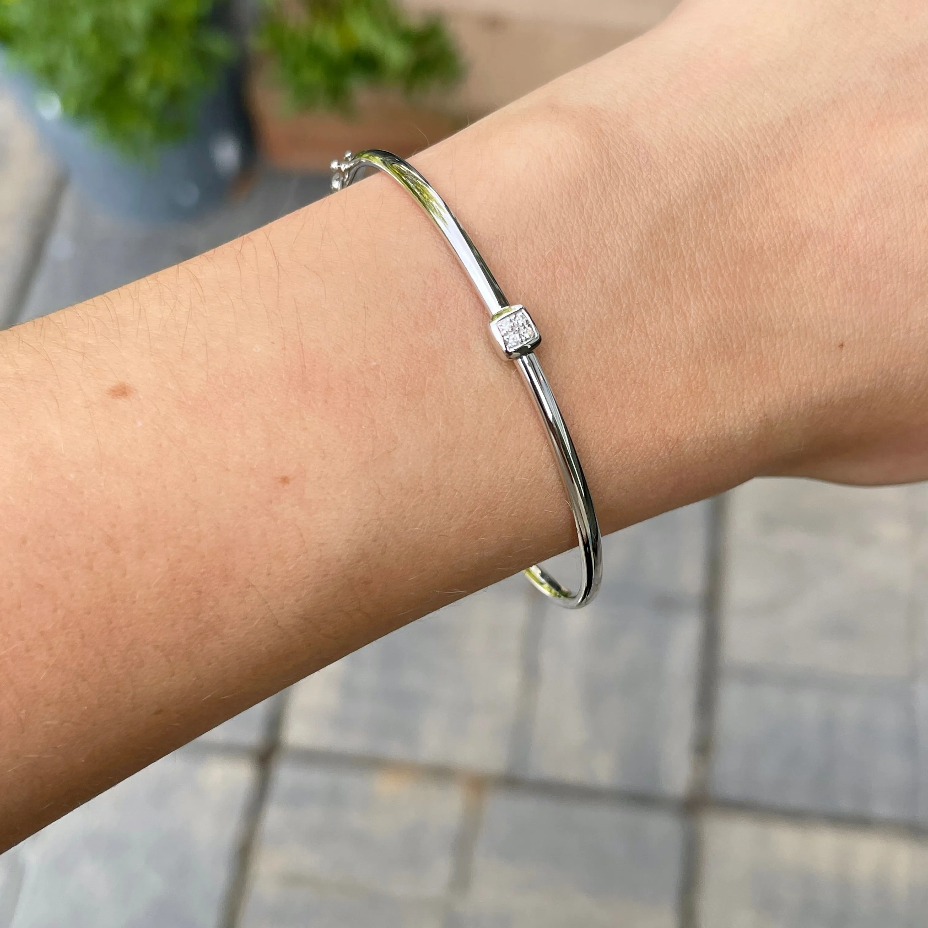 14KT White Gold Square .04 CT Pave Diamond Bangle Bracelet
