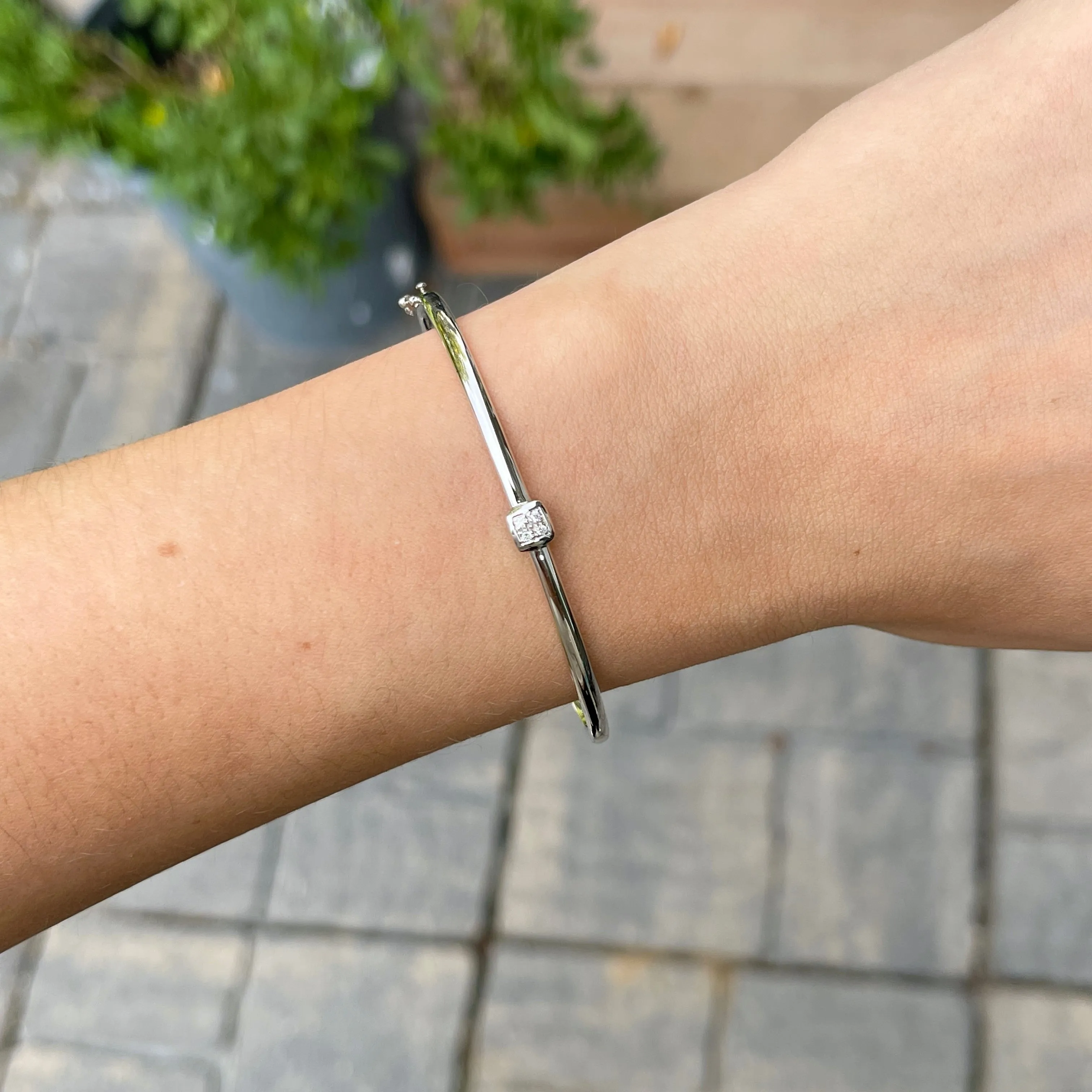 14KT White Gold Square .04 CT Pave Diamond Bangle Bracelet