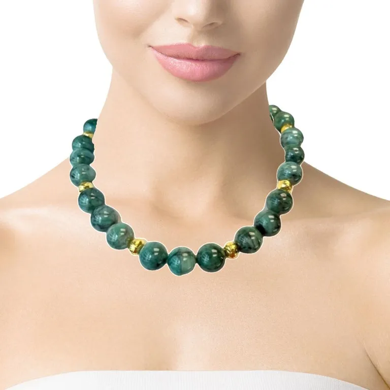 15mm Round Emerald Beaded Necklace with Yellow Gold Accents, 18 Inches