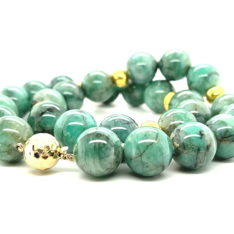 15mm Round Emerald Beaded Necklace with Yellow Gold Accents, 18 Inches