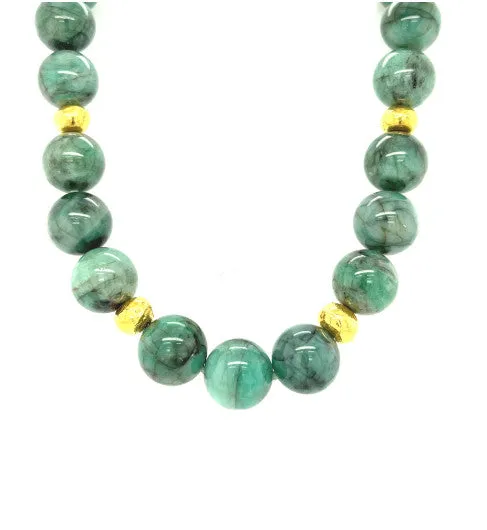 15mm Round Emerald Beaded Necklace with Yellow Gold Accents, 18 Inches