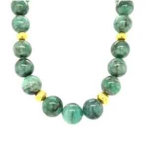 15mm Round Emerald Beaded Necklace with Yellow Gold Accents, 18 Inches