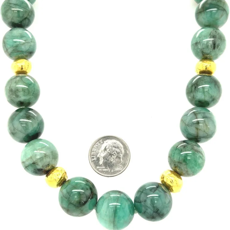 15mm Round Emerald Beaded Necklace with Yellow Gold Accents, 18 Inches