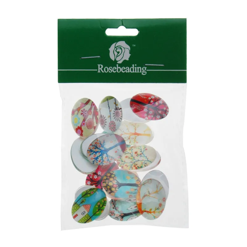 18*25mm Oval transparent pattern glass cabochons with mixed cute Trees,flat back,thickness 6mm, 20 pieces/lot