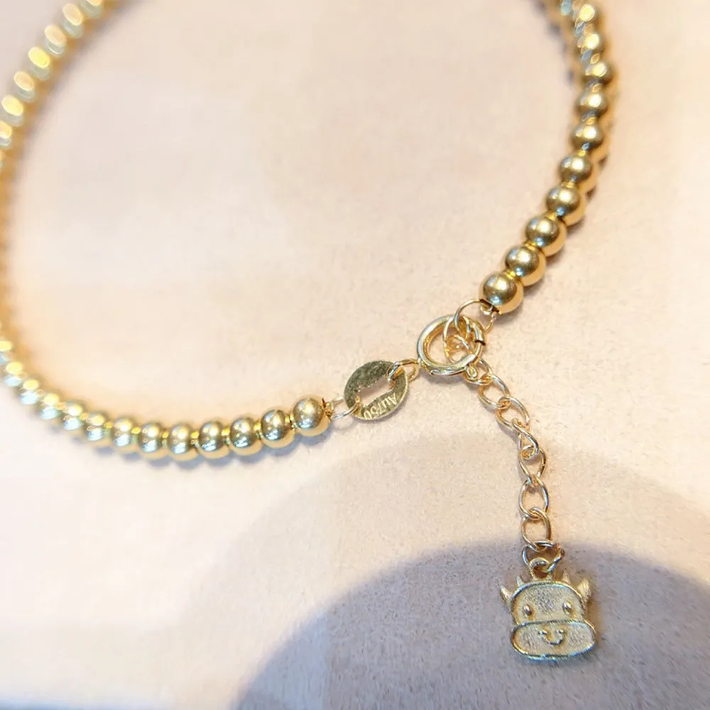18K Solid Gold Bead Chain Beaded Bracelet Cow Animal Beautiful Elegant Jewelry
