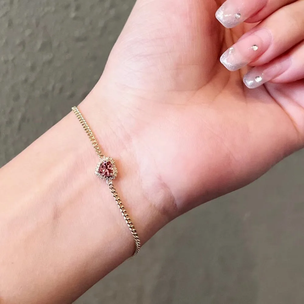 18K Solid Gold Miami Cuban Chain Bracelet Natural Tourmaline Diamond Heart Elegant Jewelry