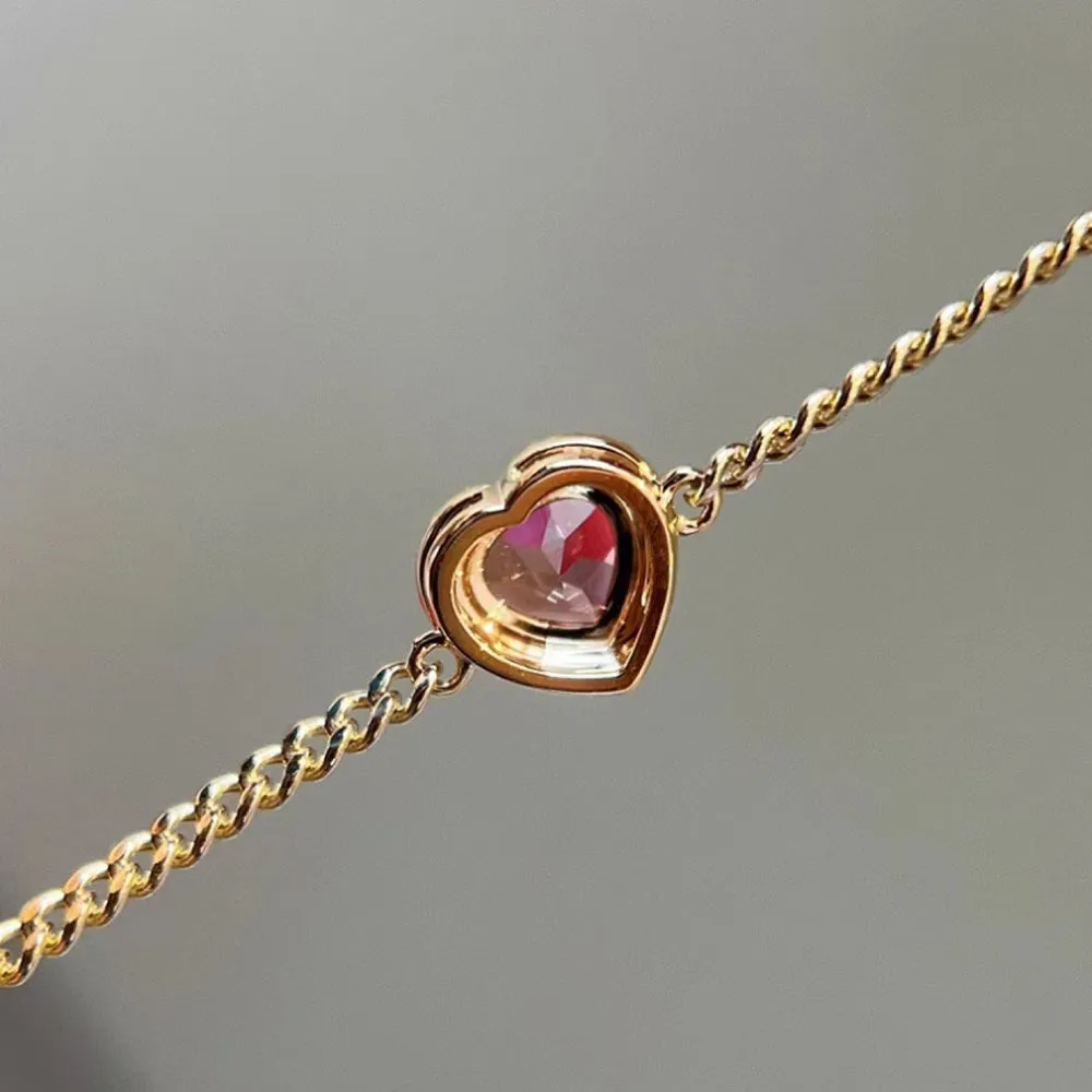 18K Solid Gold Miami Cuban Chain Bracelet Natural Tourmaline Diamond Heart Elegant Jewelry